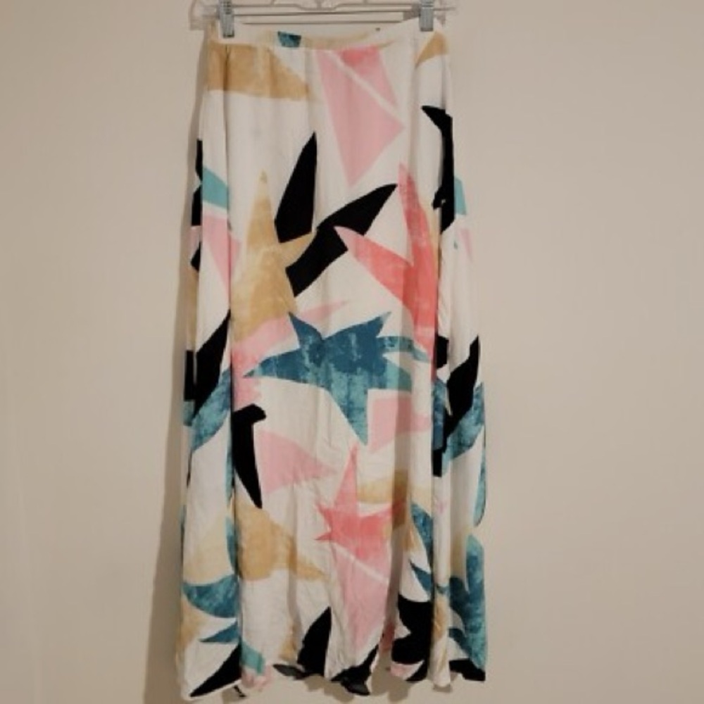 Lulu's White Maxi Skirt with Pink, Teal & Black Abstract Print